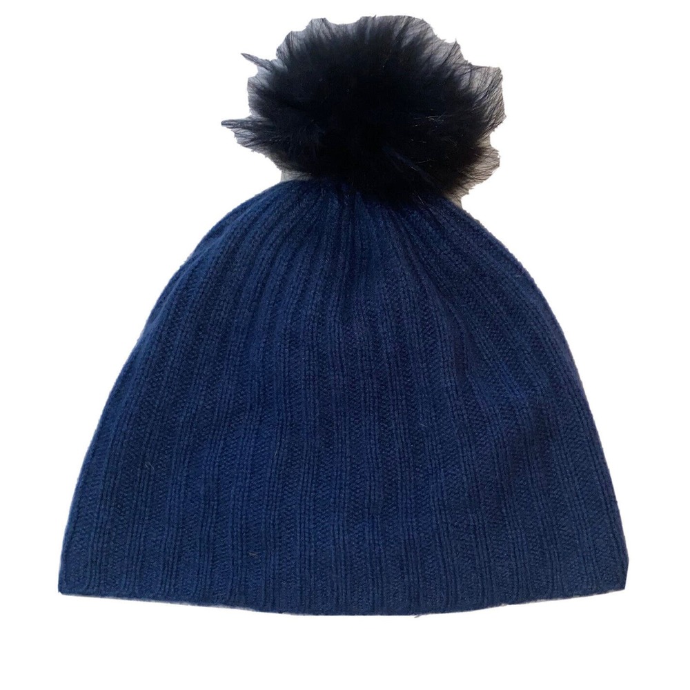 Carolina Amato Blue Cashmere Beanie Hat With Puff Pow Cable Knit See Description